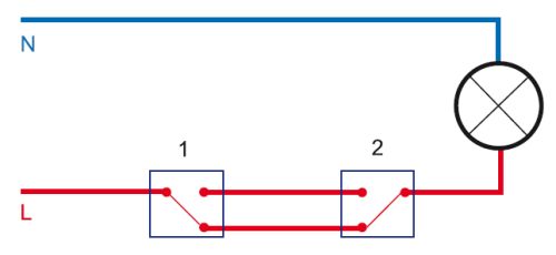 На схеме показан принцип работы проходных выключателей